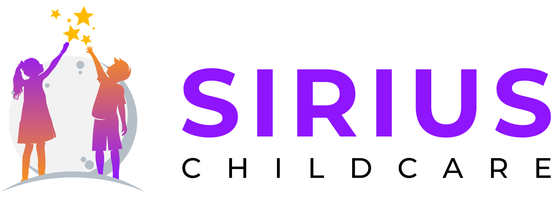 Sirius Childcare logo featuring children reaching for stars symbolising fun, growth, and empowerment.